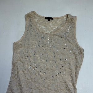 Beige lace rhinestones tank top (S)