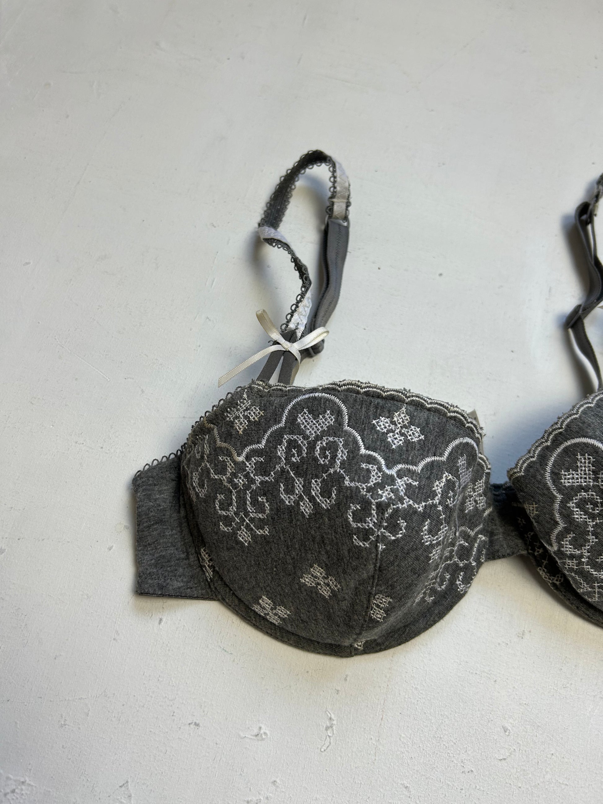 Grey lace coquette balcony vintage bra