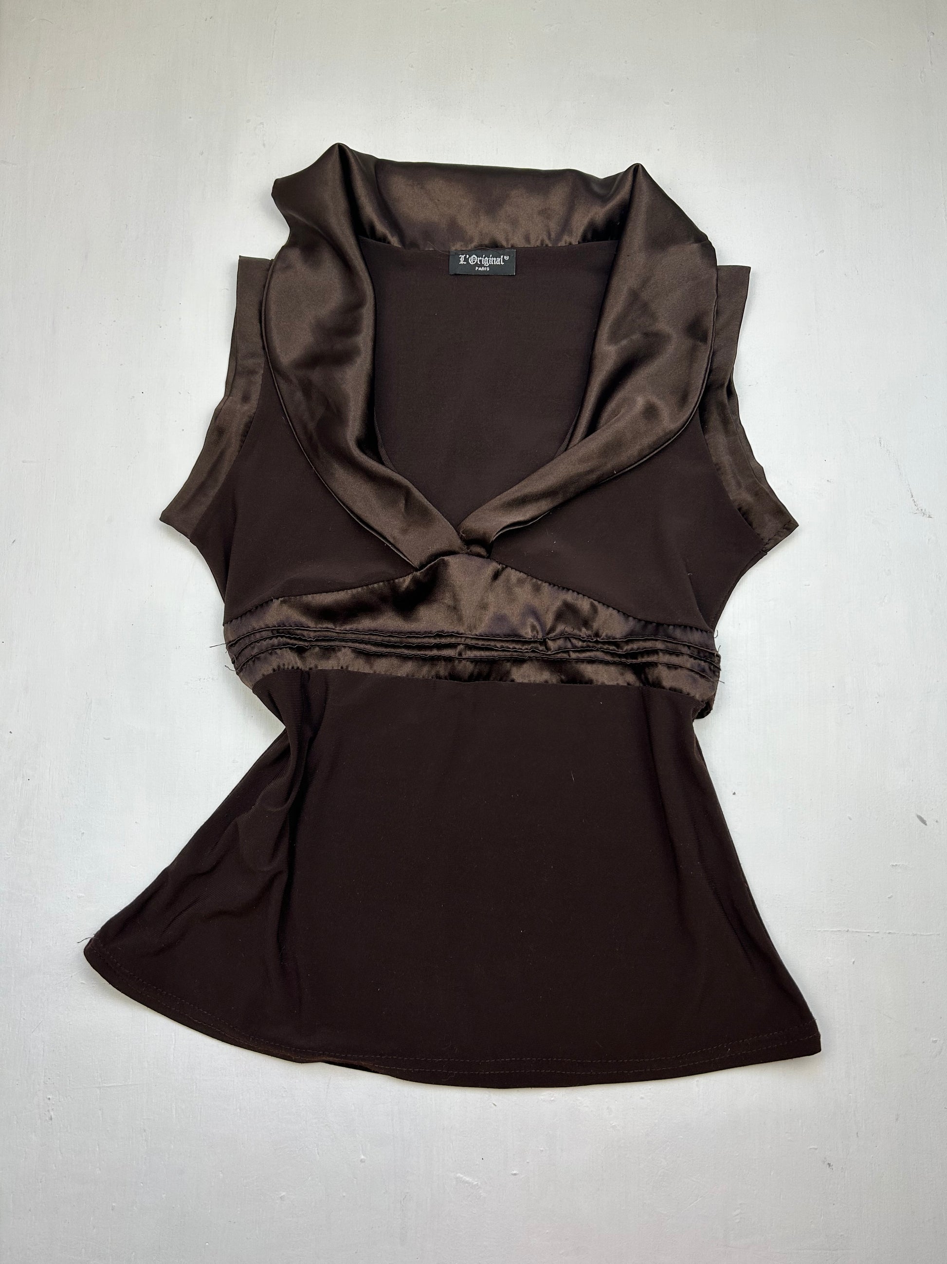 Brown satin office siren tank top (S)