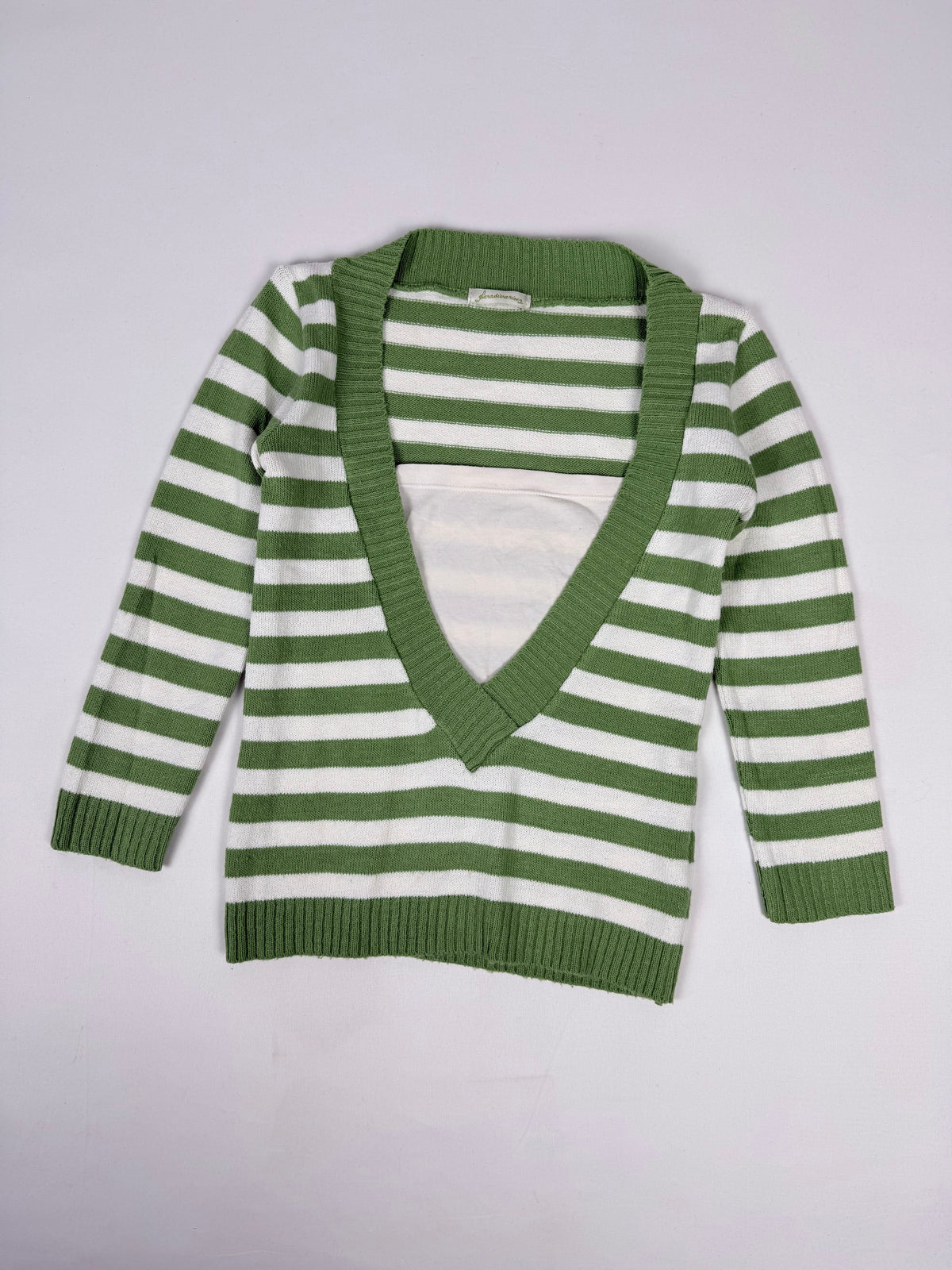 Green striped V neck layer jumper (S)