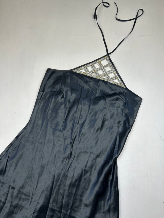 Black satin & pearls maxi dress (M)