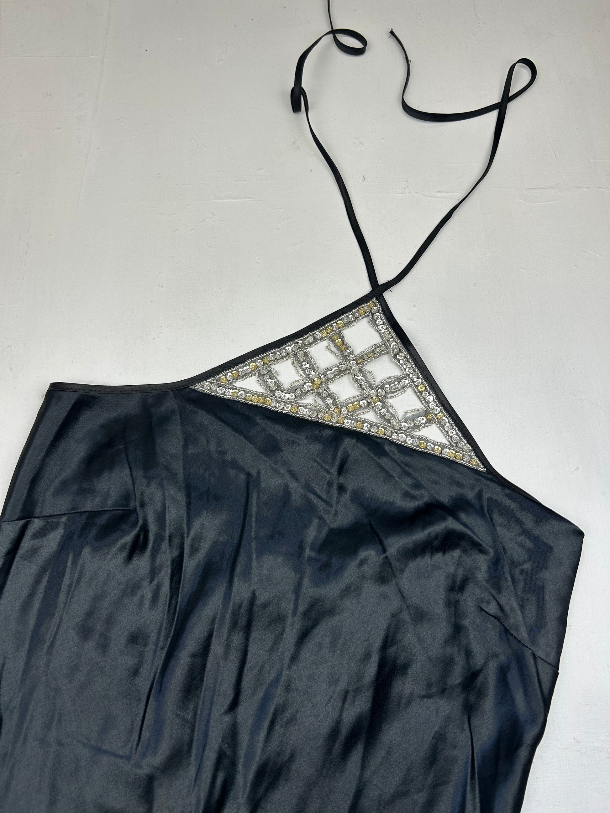 Black satin & pearls maxi dress (M)
