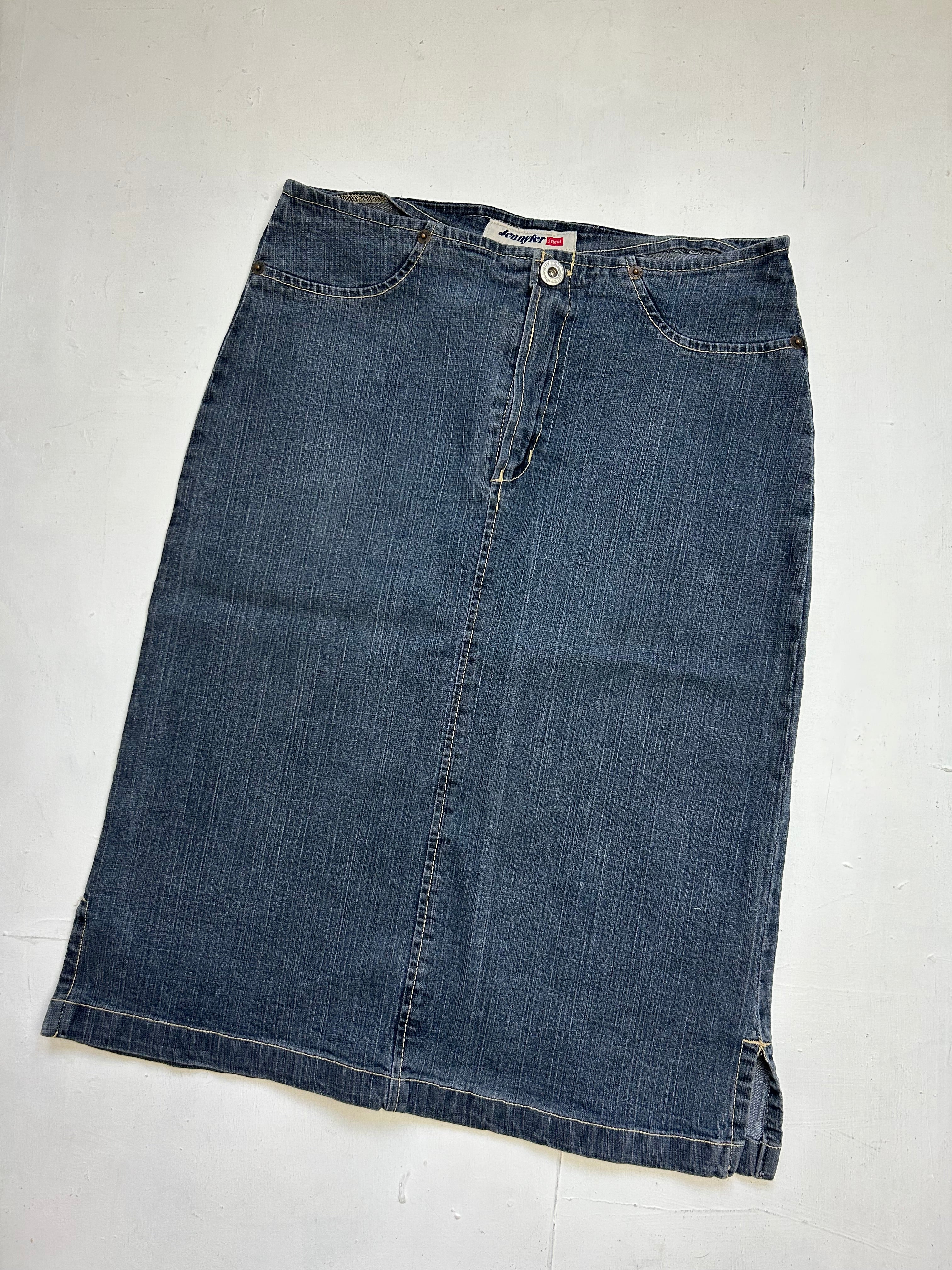 Blue denim low rise maxi skirt (S)