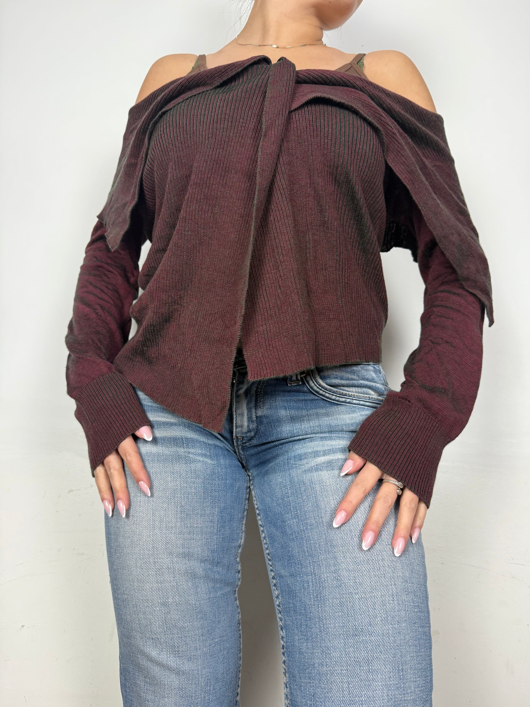 Burgundy red ribbed cardigan jumper (One size)