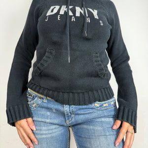 Navy logo hooded knitted jumper (S/M)