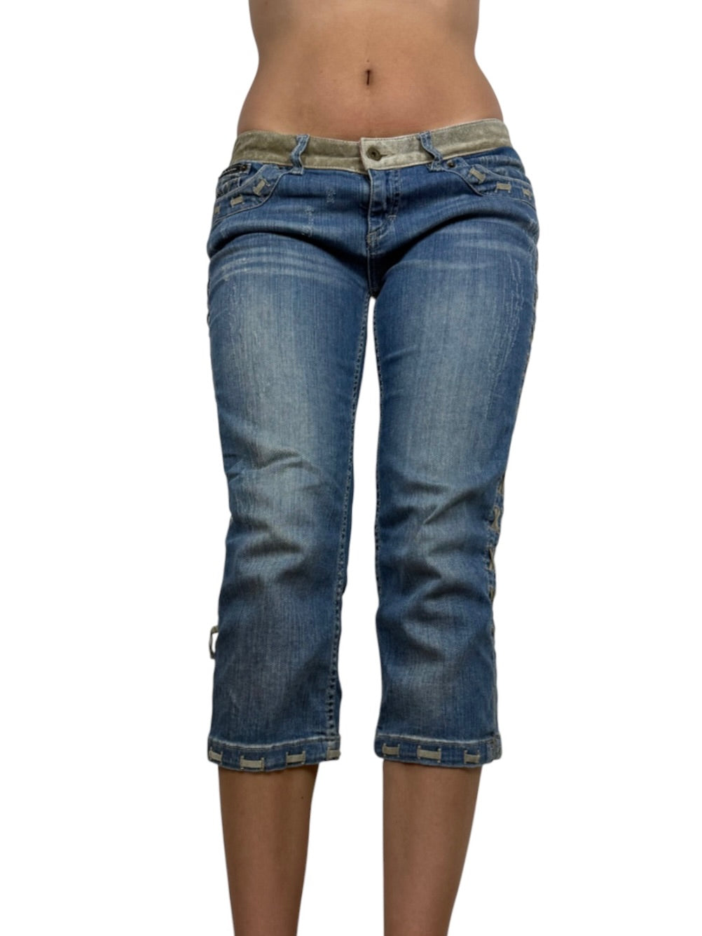Blue denim lace up low rise capri pants (S/M)