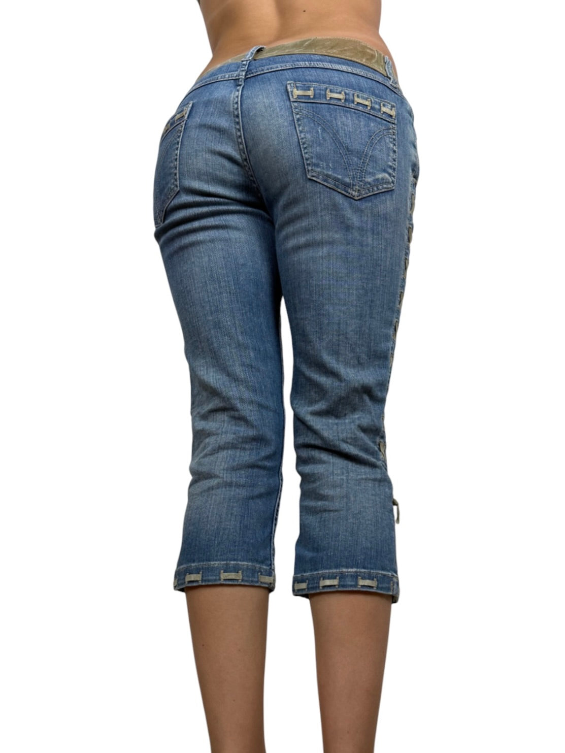 Blue denim lace up low rise capri pants (S/M)
