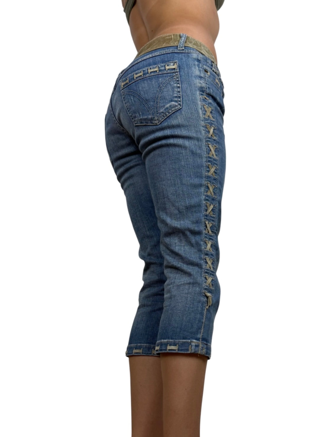 Blue denim lace up low rise capri pants (S/M)