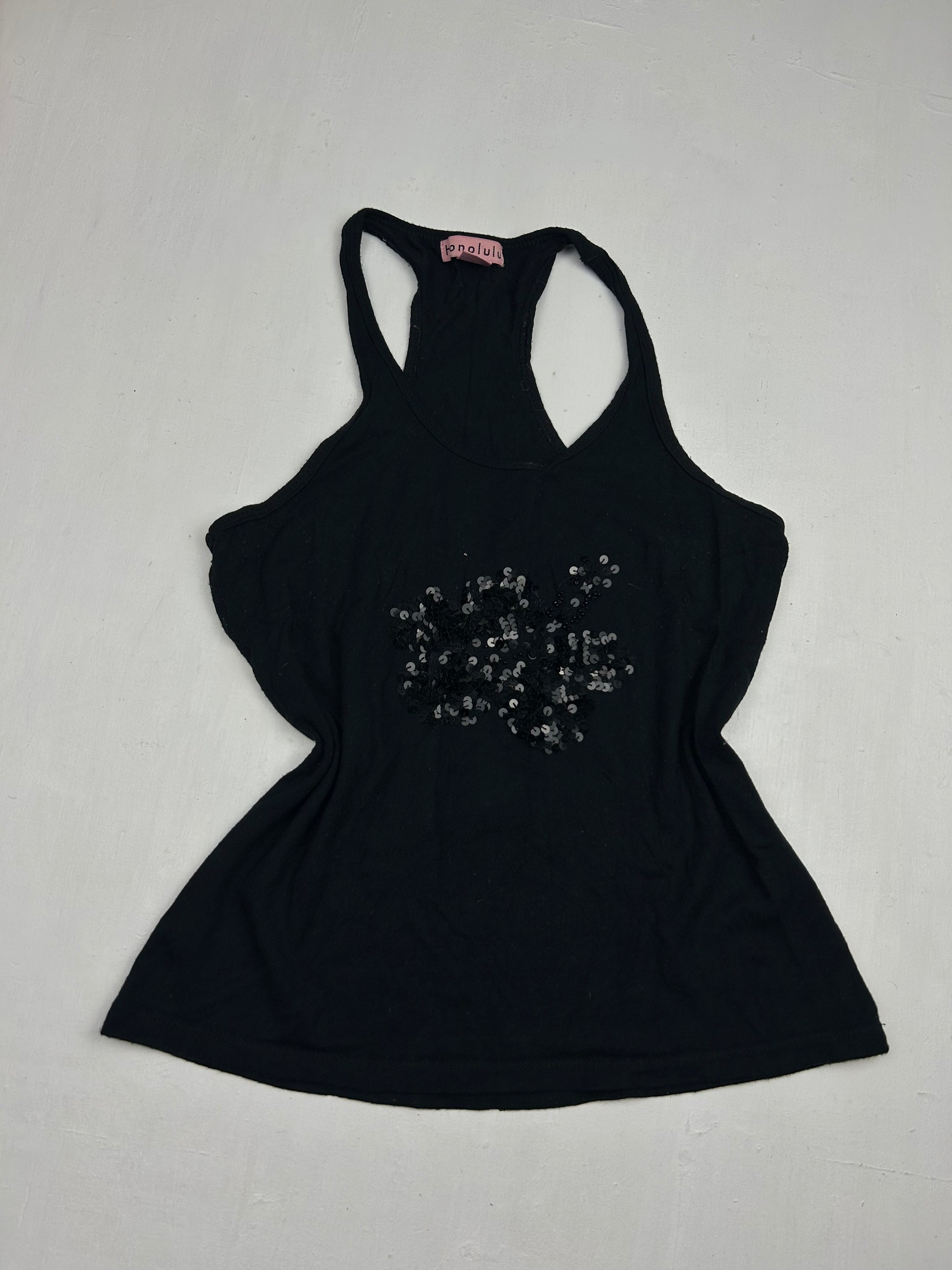 Black hibiscus sequins tank top (S/M)