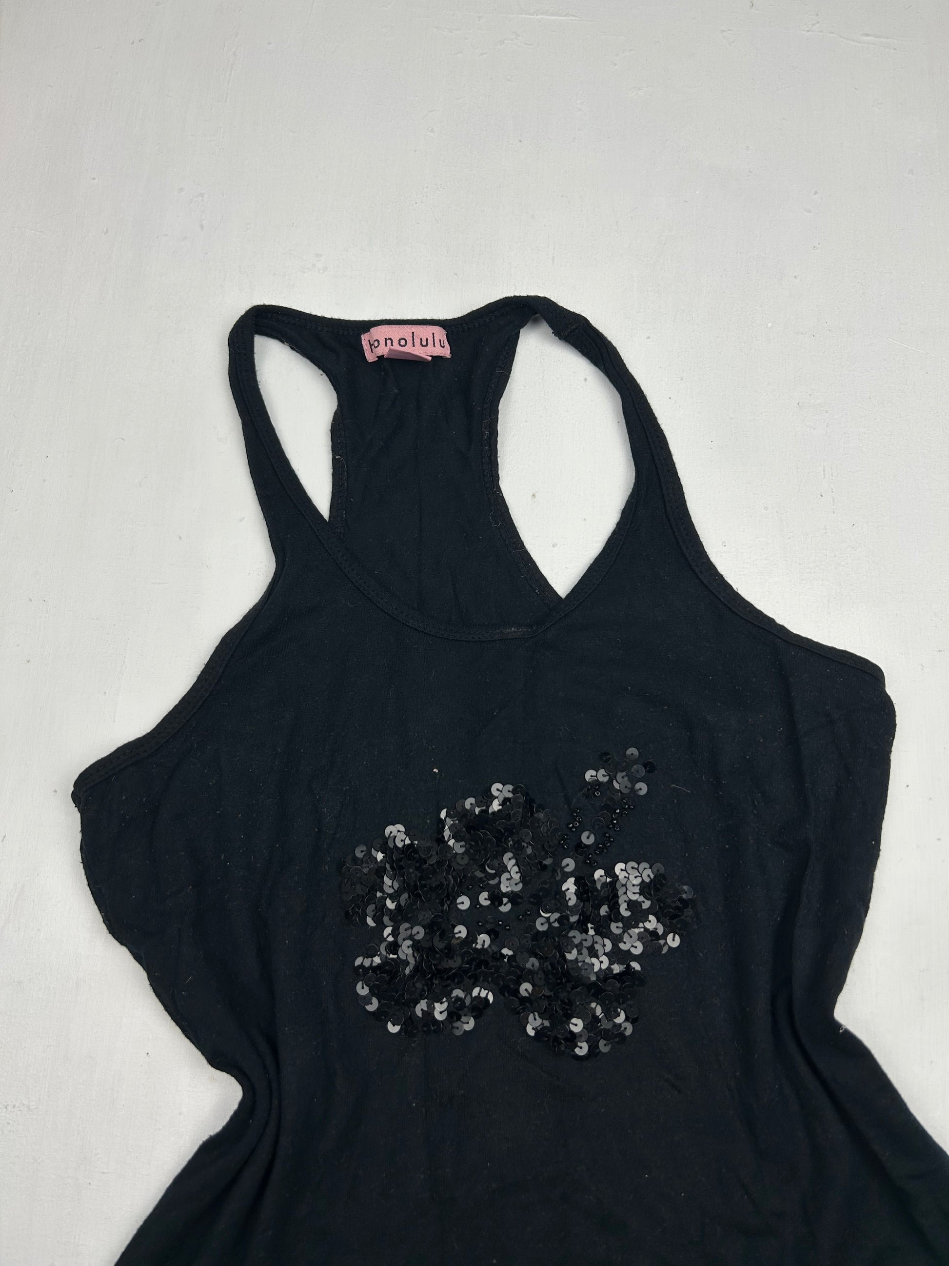 Black hibiscus sequins tank top (S/M)