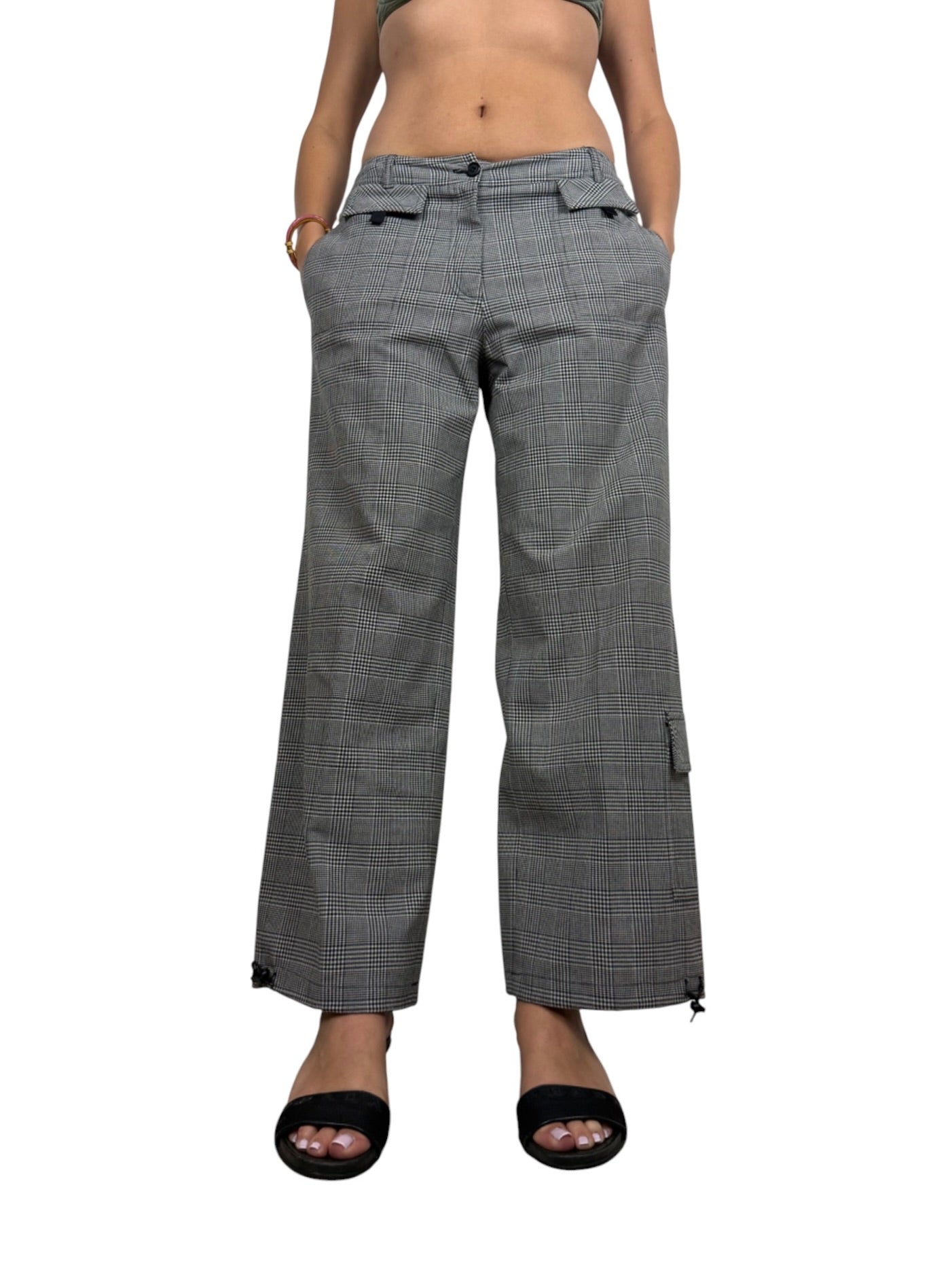 Grey check print low rise baggy pants (M)