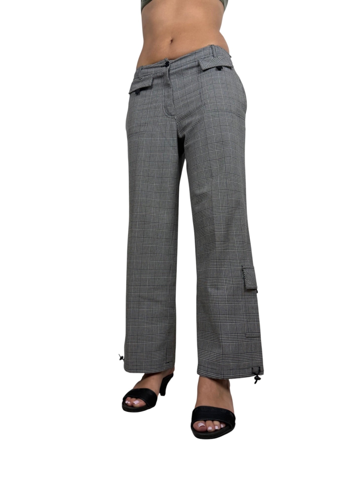 Grey check print low rise baggy pants (M)