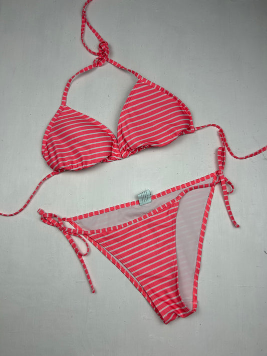 Neon pink striped low rise bikini set (S)