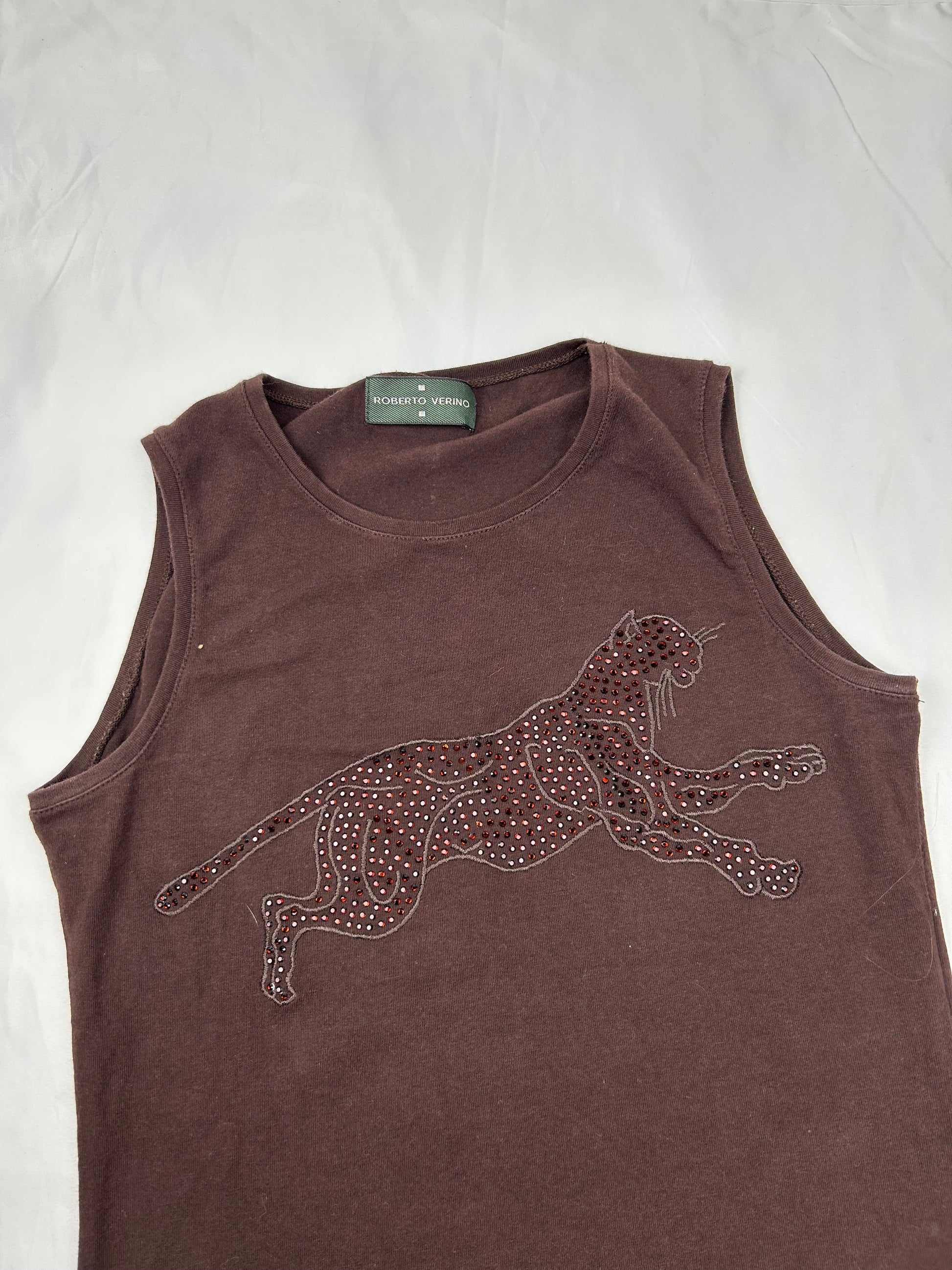 Brown rhinestones panther tank top (S)