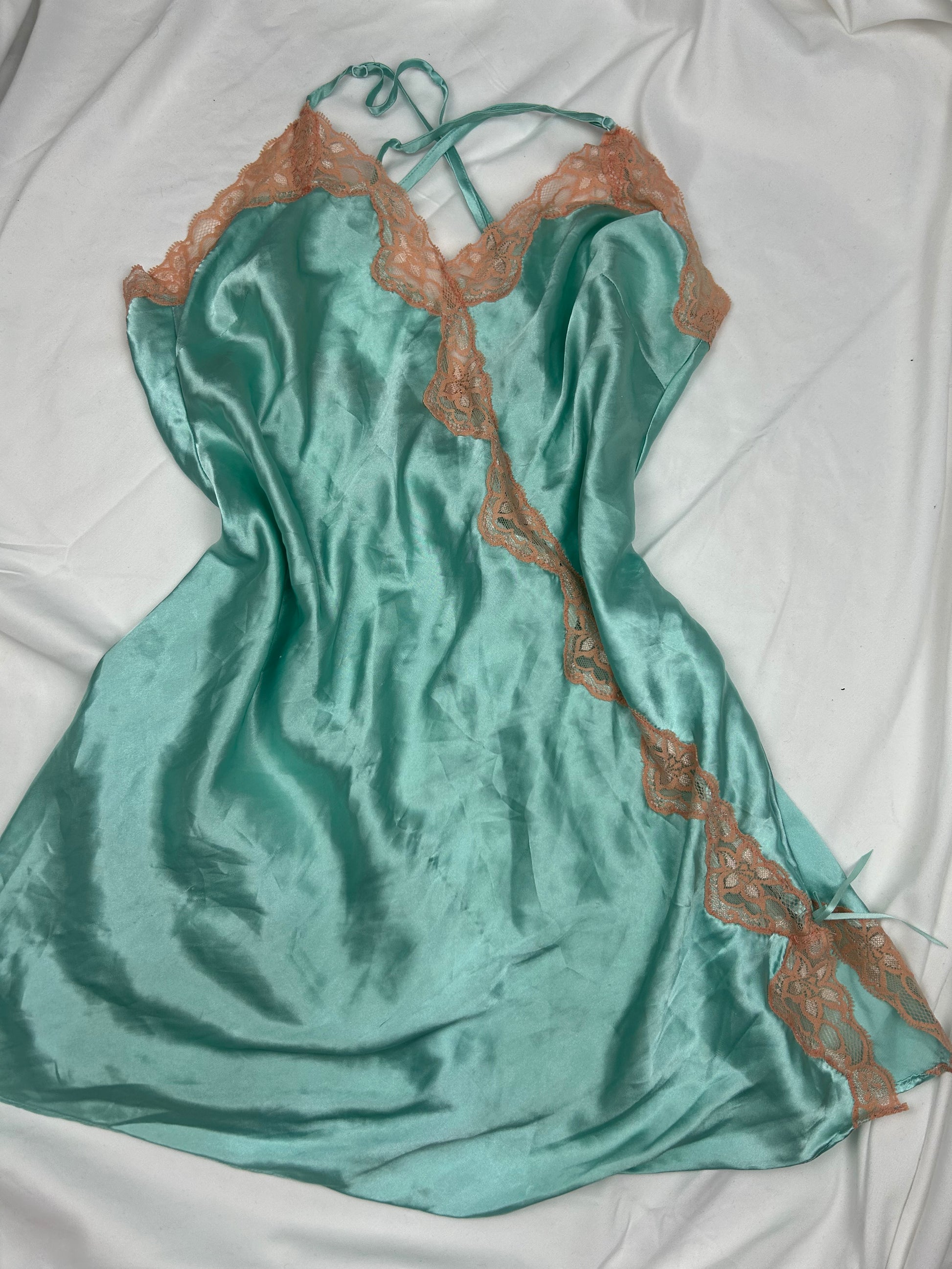 Blue silky & lace babydoll mini dress (M)