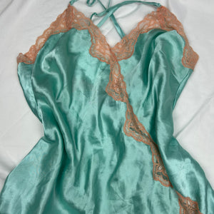 Blue silky & lace babydoll mini dress (M)
