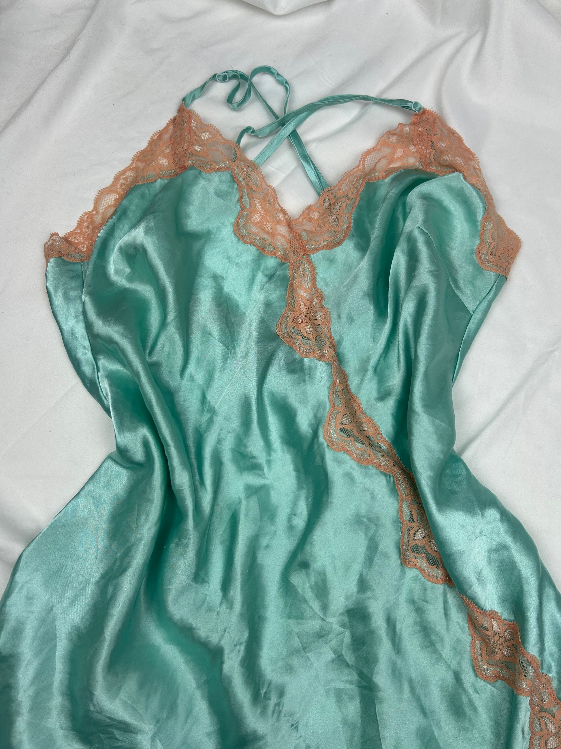 Blue silky & lace babydoll mini dress (M)