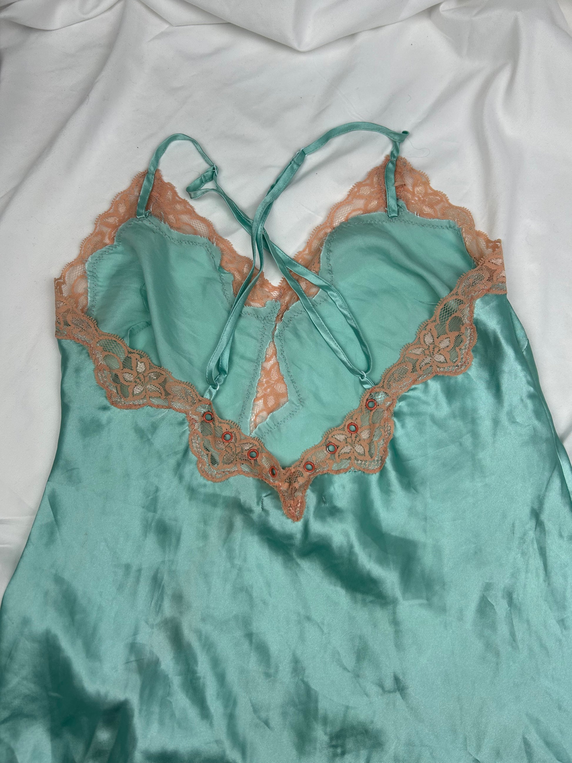 Blue silky & lace babydoll mini dress (M)