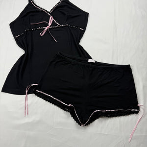 Black & baby pink bow cami top + mini shorty set (S)