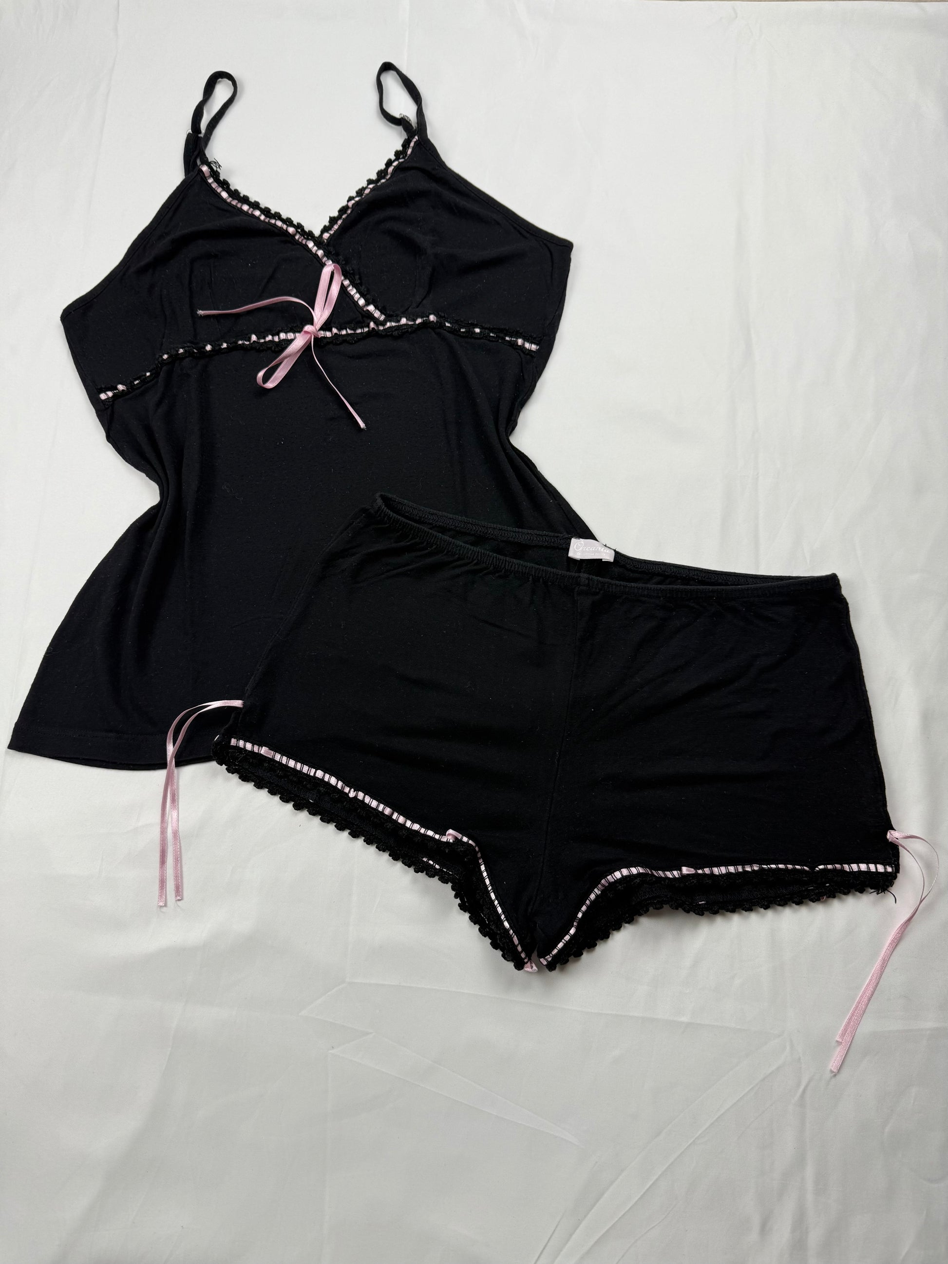 Black & baby pink bow cami top + mini shorty set (S)
