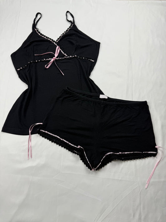 Black & baby pink bow cami top + mini shorty set (S)