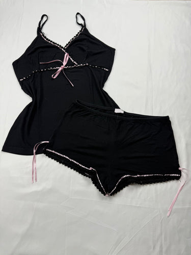 Black & baby pink bow cami top + mini shorty set (S)