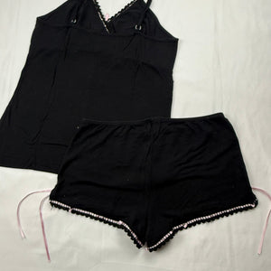 Black & baby pink bow cami top + mini shorty set (S)