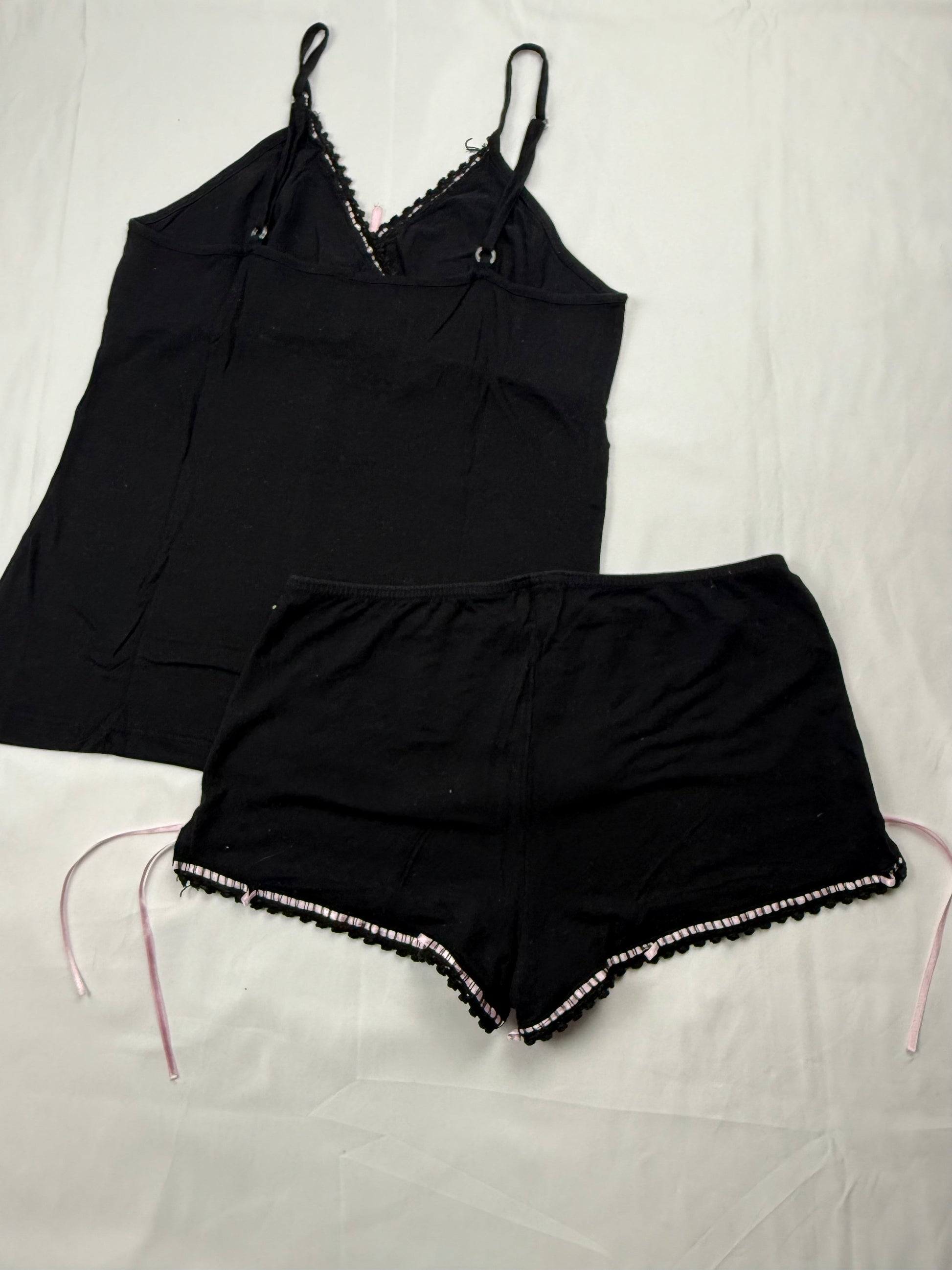 Black & baby pink bow cami top + mini shorty set (S)
