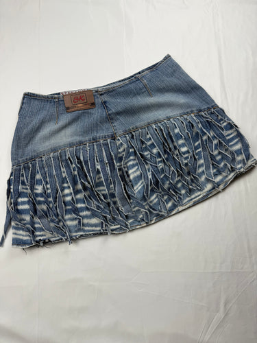 Blue denim low rise pleated mini skirt (M)