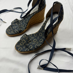 Blue monogram tie up wedge heels (41)
