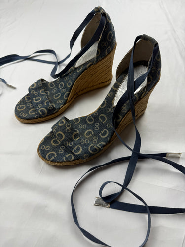 Blue monogram tie up wedge heels (41)