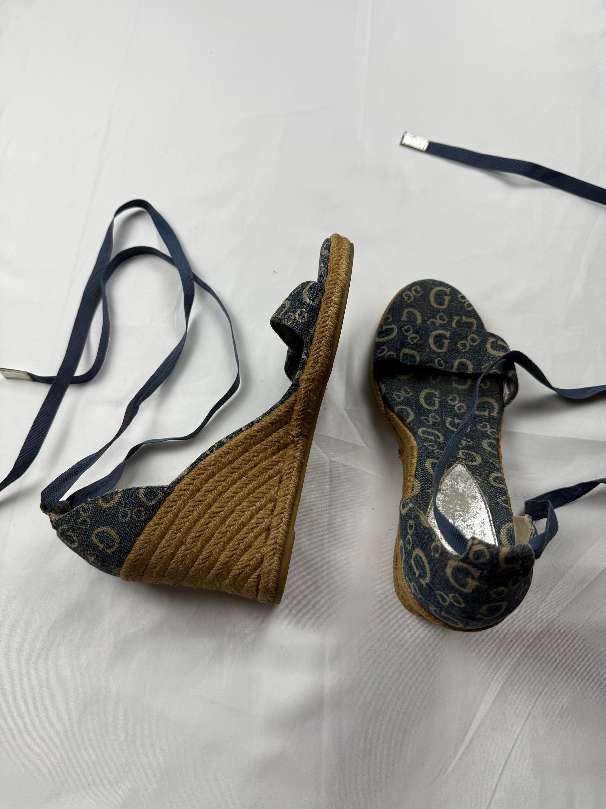 Blue monogram tie up wedge heels (41)