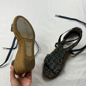 Blue monogram tie up wedge heels (41)