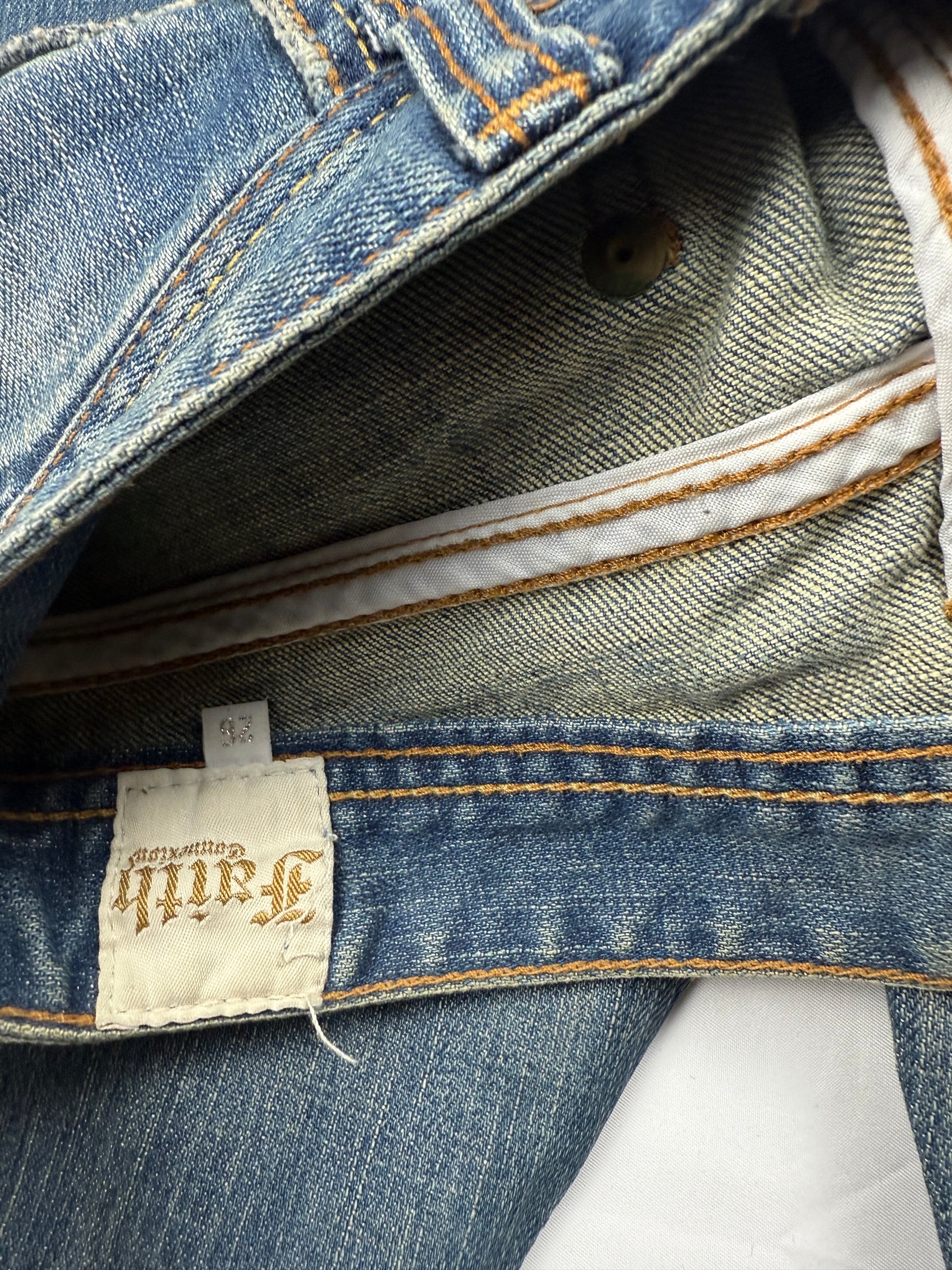 Blue denim low rise pleated mini skirt (M)