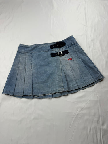 Blue denim low rise pleated mini skirt (S/M)