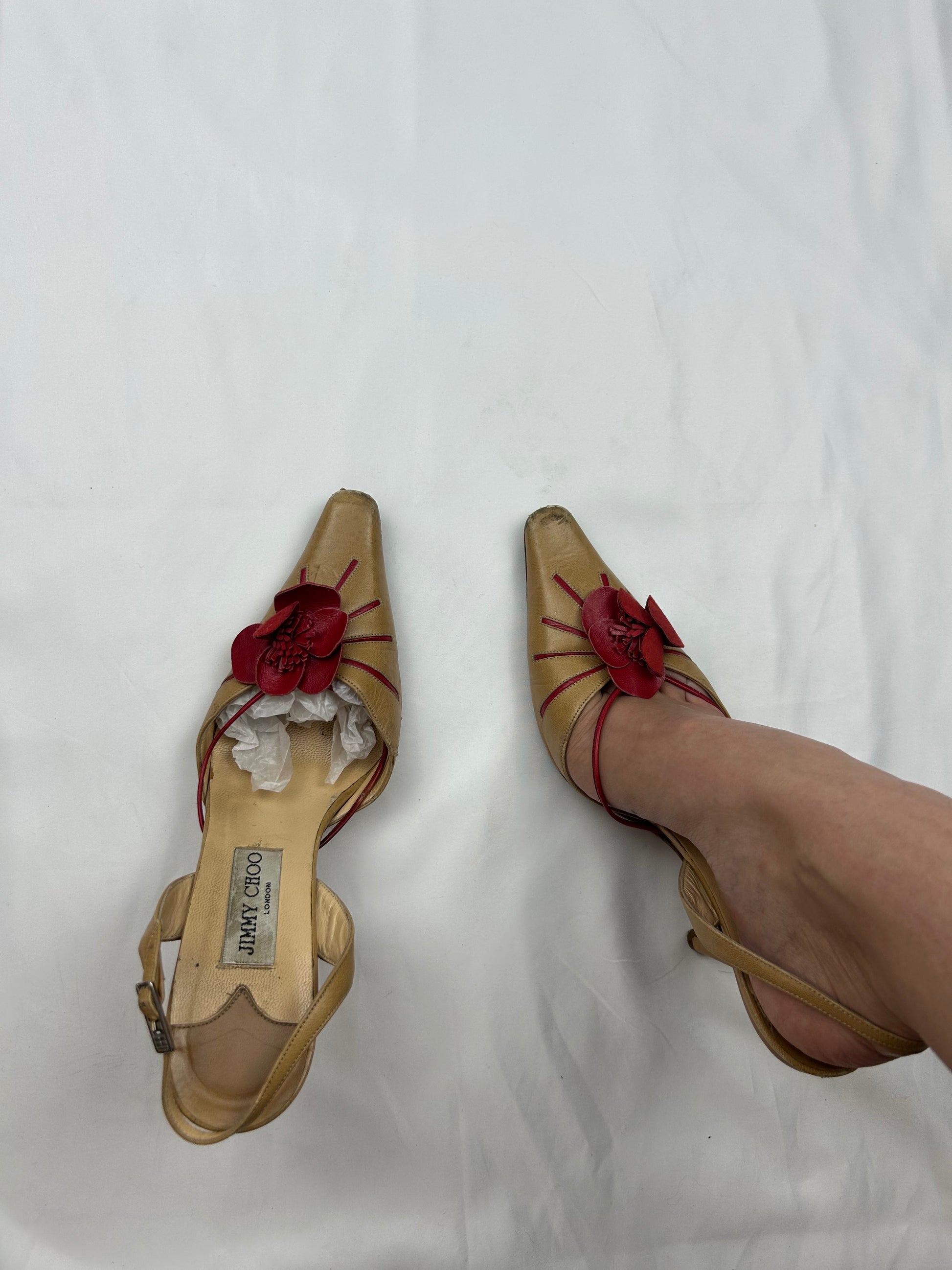 Flower appliqué pointed toes kitten heels (37.5)
