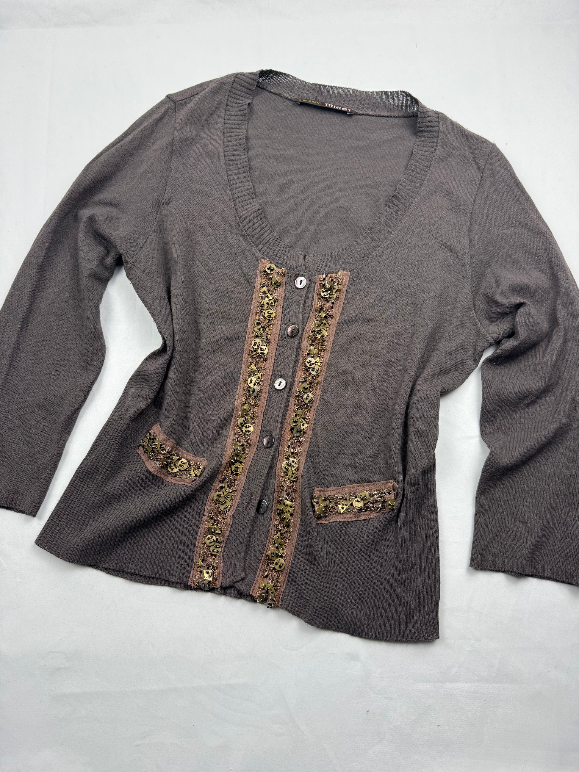 Brown pearls buttons up cardigan jumper (M)