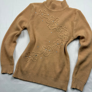 Beige high neck embroidered wool jumper (XS)