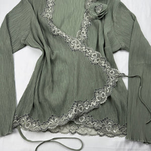 Khaki pleated embroidered cardigan top (M/L)