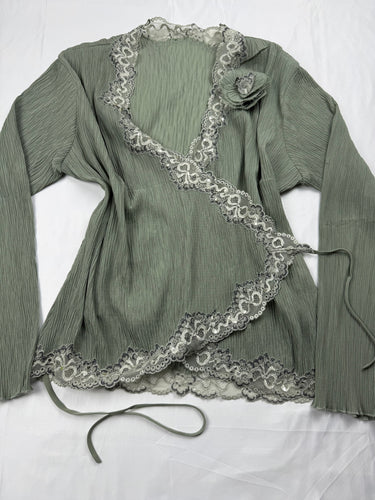 Khaki pleated embroidered cardigan top (M/L)
