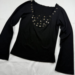 Black cotton sequins flared long sleeves top (S/M)