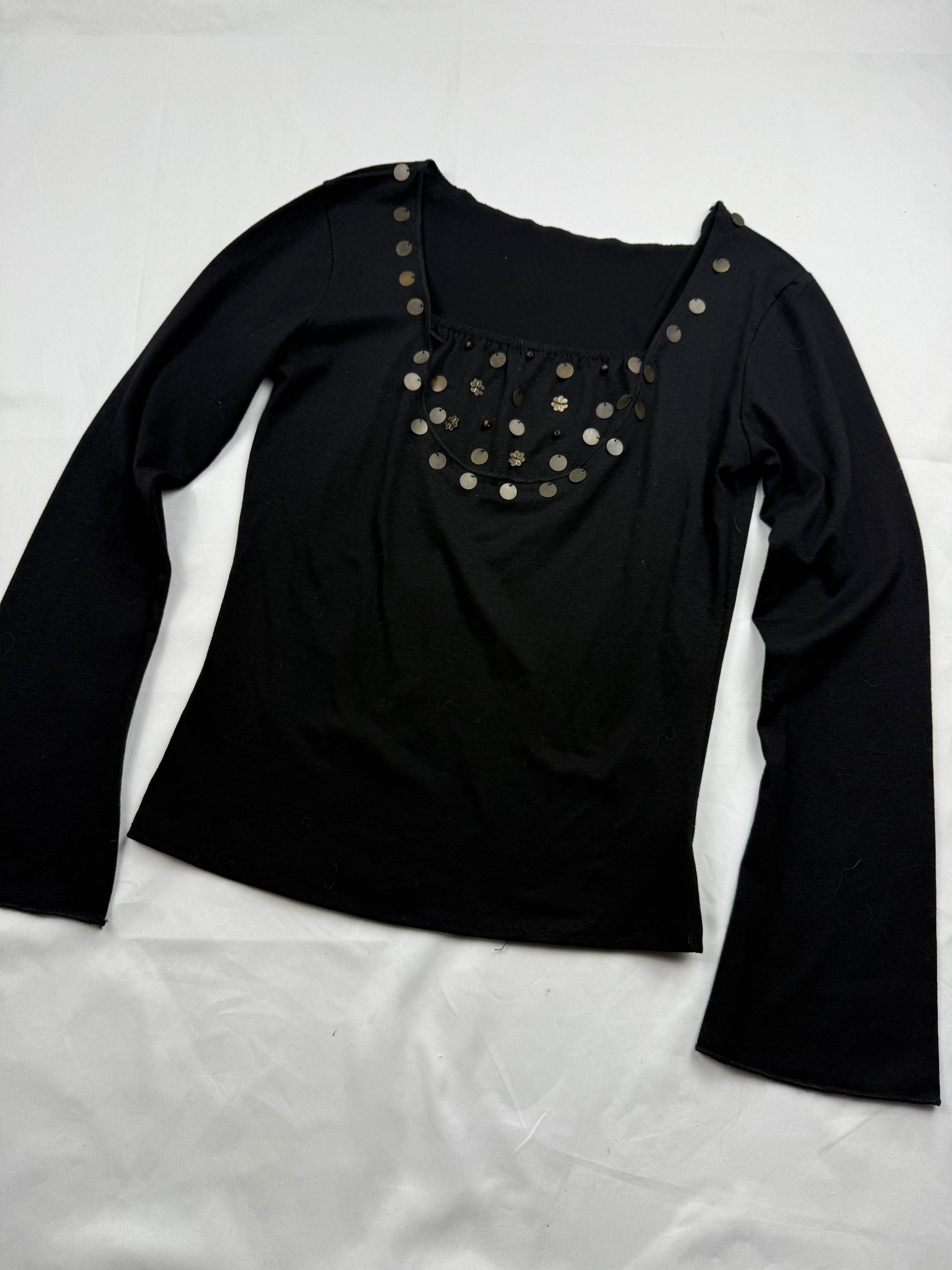 Black cotton sequins flared long sleeves top (S/M)