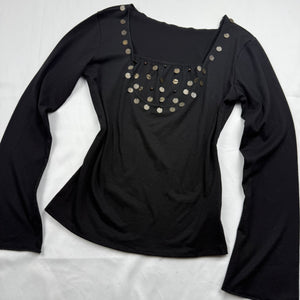 Black cotton sequins flared long sleeves top (S/M)
