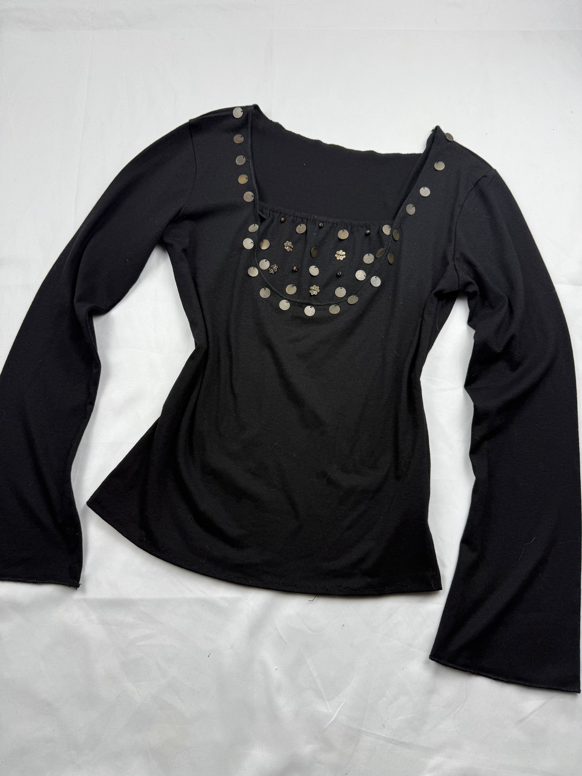 Black cotton sequins flared long sleeves top (S/M)