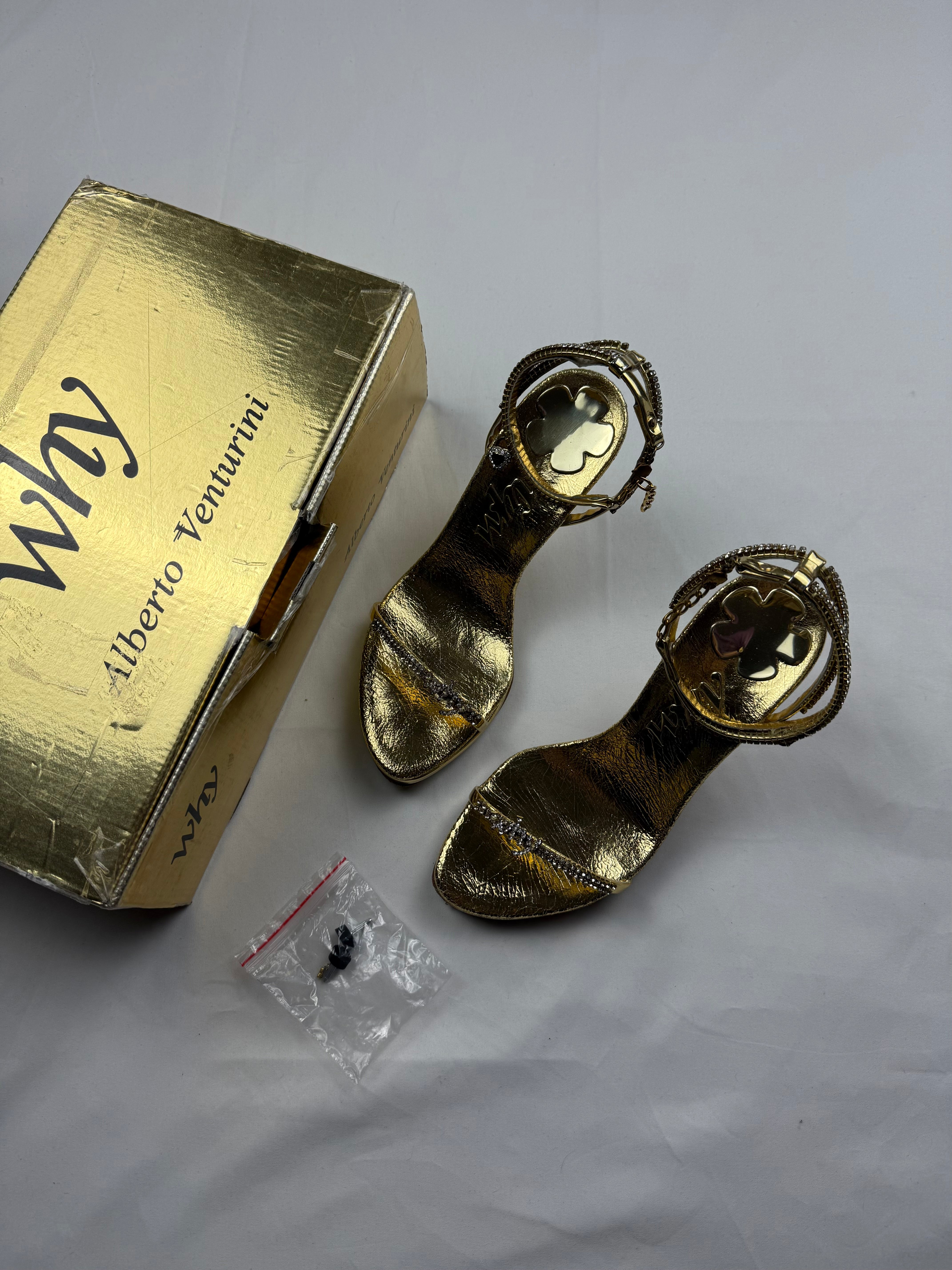 Gold rhinestones 100% real leather heels shoes (35/36)