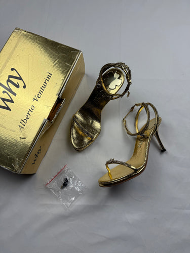 Gold rhinestones 100% real leather heels shoes (35/36)