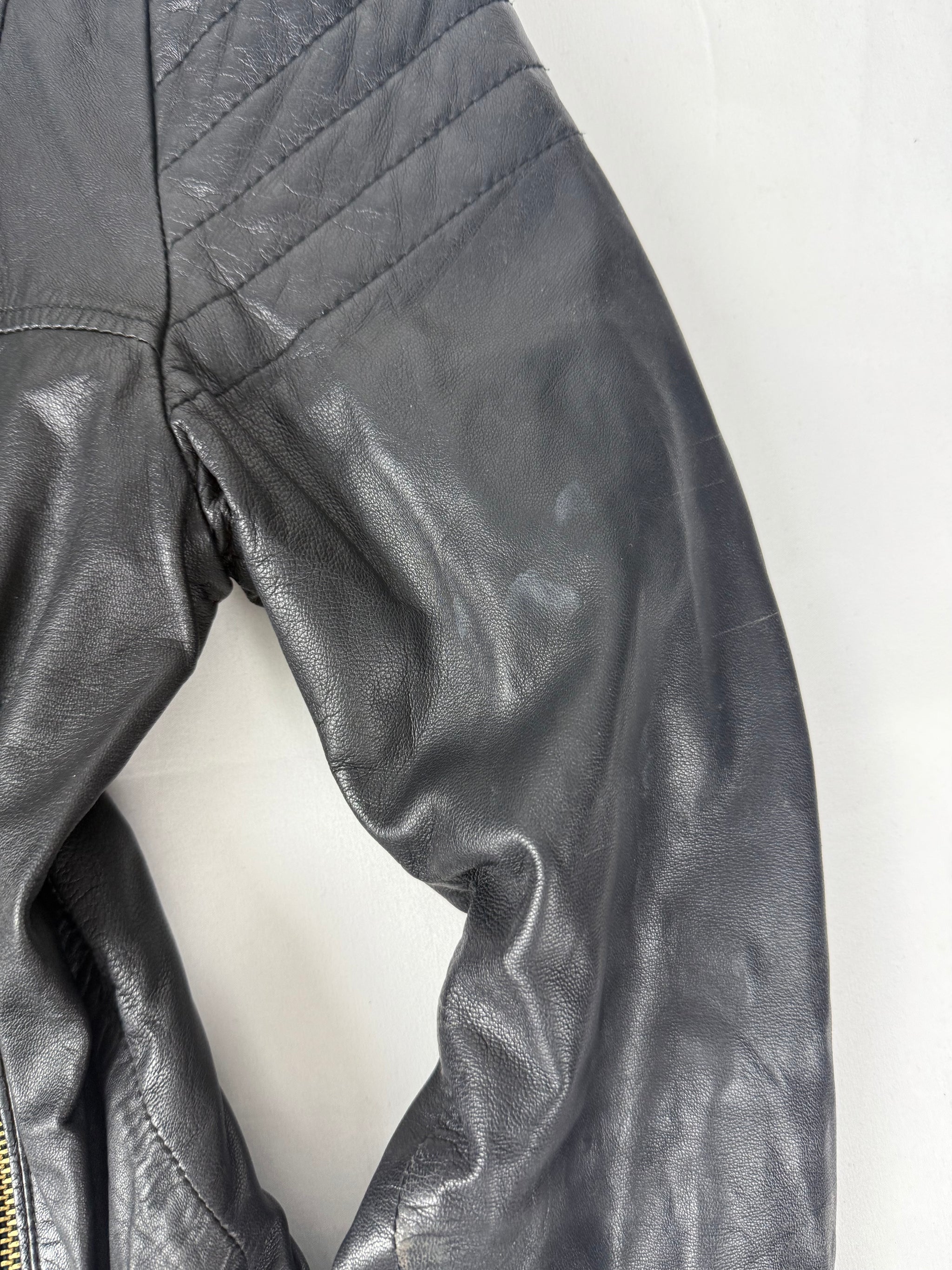 Black real leather zip up biker jacket (L)
