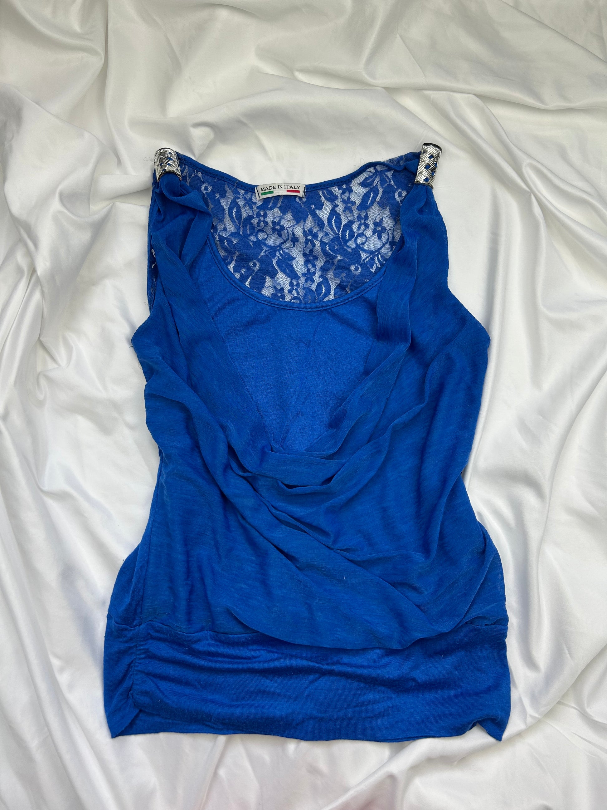 Blue plunge neck lace top (M)