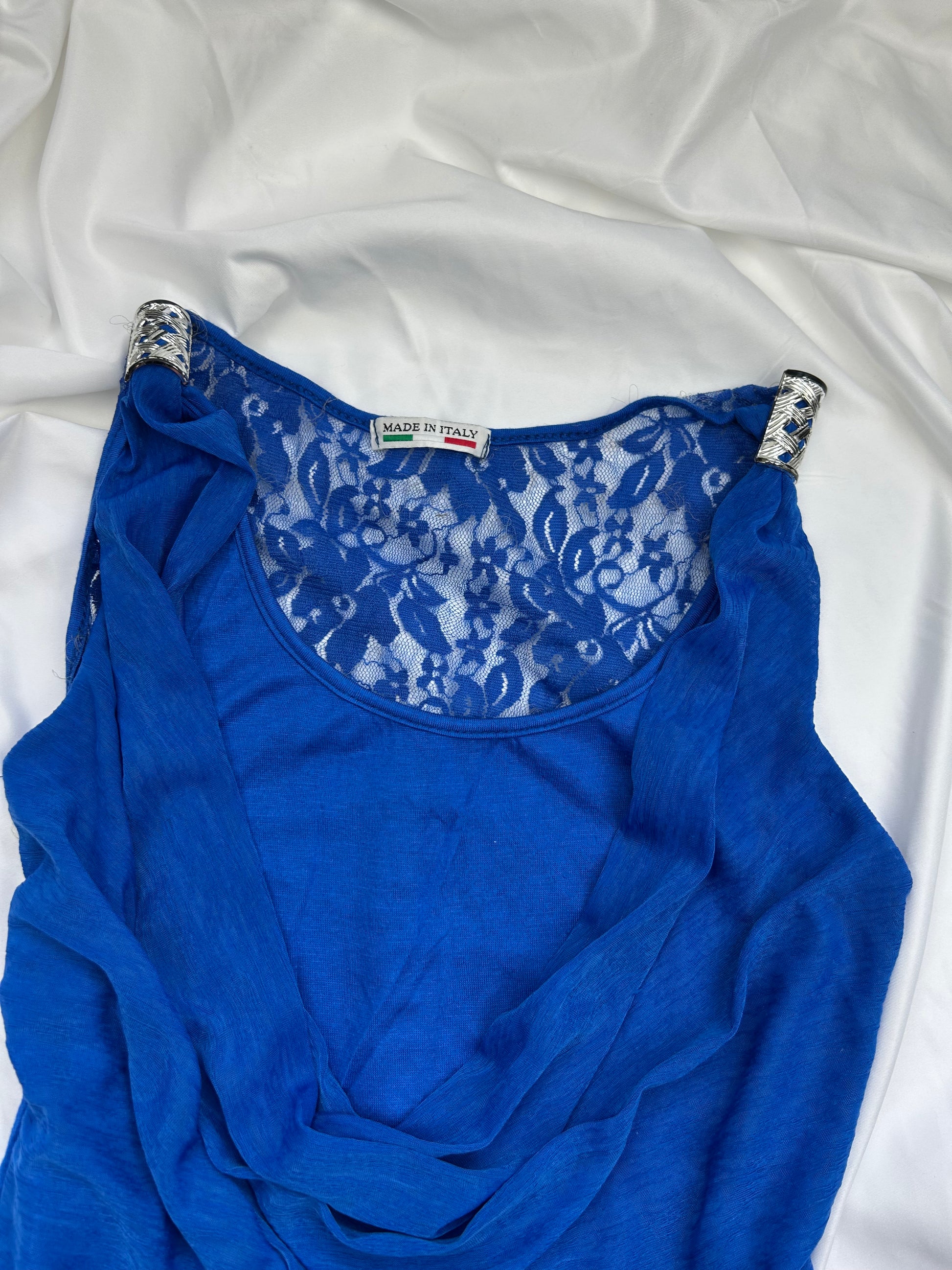 Blue plunge neck lace top (M)