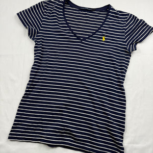 Navy striped cotton V neck tight fit tee (S)